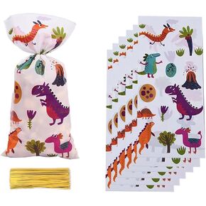 LLK 50 Pieces Dinosaur Cellophane Bags Rainbow Candy Bags Animals Party Favor Bags Goodie Bags Treat Bags with 50 Pieces Twist Ties for Dinosaur BoysThemed Birthday Party