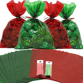 Cellophane Treat Bags 100 pcs Mix Holiday Colors (6 Inch x 9 Inch) | Colorful Cello Bags Christmas Colors with Twist Ties | 2.5 Mil Quality Green & Red Cellophane Treat Bags | Transparent 6x9 In Bags