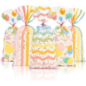 Whaline 160Pcs Spring Cellophane Treat Bags Pastel Colorful Rainbow Dot Wave Stripe Plastic Candy Goody Bags with 200Pcs Twist Ties for Easter Spring Wedding Birthday Party Supplies