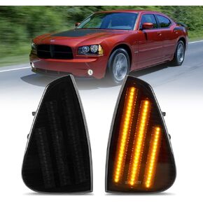 Dynamic Sequential LED Corner Lights Front Side Marker Lights Assembly for Dodge Charger 2006 2007 2008 2009 2010 Side Marker Turn Signal Corner Lamps Driver and Passenger Side Smoked Black