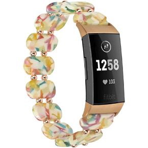 Wongeto Compatible with for Fitbit Charge 4/ Fitbit Charge 3/ Charge3 SE,Tortoise Shell Stretchy Strap Women Waterproof Replacement Wristbands Bracelet with Meads for Women Men