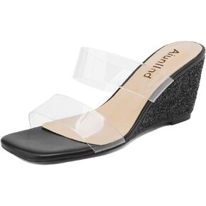 Wedge Sandals for Women Square Open Toe Wedge Heels Clear Two Strap Slip on Sandals Glitter Heels Transparent Slides Shoes