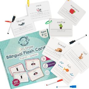 بطاقات فلاش إسبانية للمسح الجاف للأطفال | الإنجليزية - بطاقات فلاش الأبجدية الإسبانية للمبتدئين - مجموعة من 200 بطاقة فلاش لتعليم وتعلم اللغة الإنجليزية كلغة ثانية ثنائية اللغة لألعاب الكتابة والقراءة.