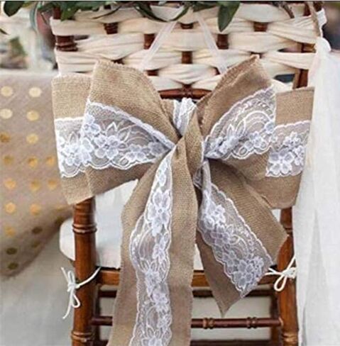 Mocca 5Pcs Burlap Lace Chair Sashes 6×94inch,Hessian Jute Chair Cover Bows Rustic Linen Lace Chair Bows for Wedding Decoration, Bridal Showers,Party, Home Decor in Kuwait