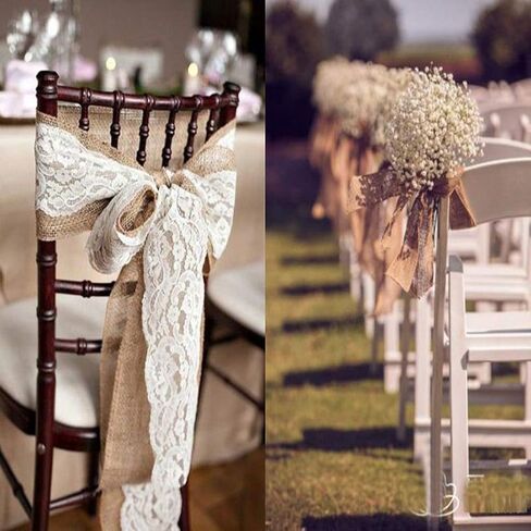 Mocca 5Pcs Burlap Lace Chair Sashes 6×94inch,Hessian Jute Chair Cover Bows Rustic Linen Lace Chair Bows for Wedding Decoration, Bridal Showers,Party, Home Decor in Kuwait