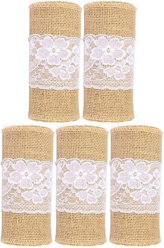 Mocca 5Pcs Burlap Lace Chair Sashes 6×94inch,Hessian Jute Chair Cover Bows Rustic Linen Lace Chair Bows for Wedding Decoration, Bridal Showers,Party, Home Decor in Kuwait