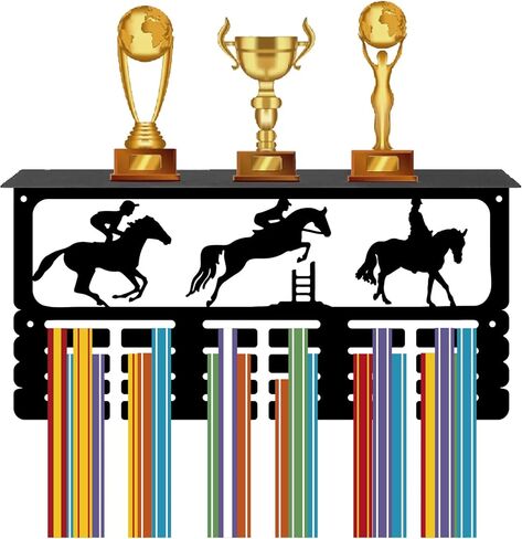 CREATCABIN حامل ميدالية الفروسية حامل ميدالية رف الكأس مع حامل رف رياضي 4 صفوف مثبت على الحائط يحمل 70+ ميداليات للرجال والنساء رف جوائز الفروسية 15.7 × 7.9 بوصة in Kuwait