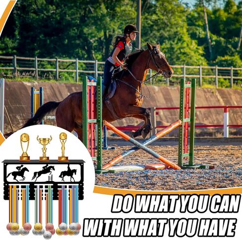 CREATCABIN حامل ميدالية الفروسية حامل ميدالية رف الكأس مع حامل رف رياضي 4 صفوف مثبت على الحائط يحمل 70+ ميداليات للرجال والنساء رف جوائز الفروسية 15.7 × 7.9 بوصة in Kuwait