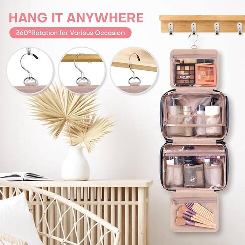حقيبة أدوات الزينة للسفر للنساء، حقيبة مستحضرات التجميل المحمولة مع خطاف تعليق، أساسيات السفر 3 في 1 حقيبة سفر منظمة للملحقات والشامبو وحاوية كاملة الحجم وأدوات الزينة in Kuwait