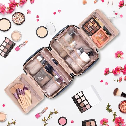 حقيبة أدوات الزينة للسفر للنساء، حقيبة مستحضرات التجميل المحمولة مع خطاف تعليق، أساسيات السفر 3 في 1 حقيبة سفر منظمة للملحقات والشامبو وحاوية كاملة الحجم وأدوات الزينة in Kuwait