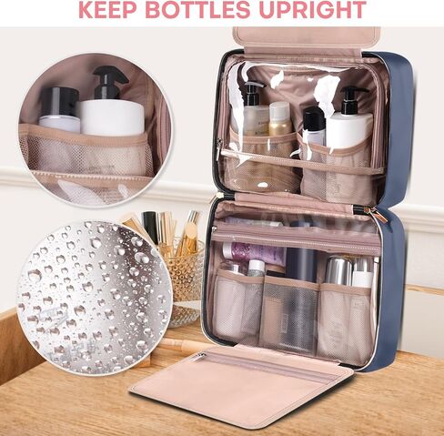 حقيبة أدوات الزينة للسفر للنساء، حقيبة مستحضرات التجميل المحمولة مع خطاف تعليق، أساسيات السفر 3 في 1 حقيبة سفر منظمة للملحقات والشامبو وحاوية كاملة الحجم وأدوات الزينة in Kuwait