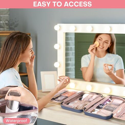 حقيبة أدوات الزينة للسفر للنساء، حقيبة مستحضرات التجميل المحمولة مع خطاف تعليق، أساسيات السفر 3 في 1 حقيبة سفر منظمة للملحقات والشامبو وحاوية كاملة الحجم وأدوات الزينة in Kuwait