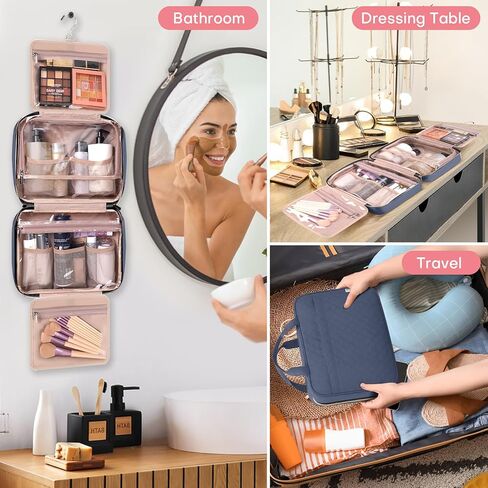 حقيبة أدوات الزينة للسفر للنساء، حقيبة مستحضرات التجميل المحمولة مع خطاف تعليق، أساسيات السفر 3 في 1 حقيبة سفر منظمة للملحقات والشامبو وحاوية كاملة الحجم وأدوات الزينة in Kuwait