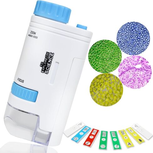 مجهر الجيب Maxee، مجهر صغير محمول باليد 80x-200x للأطفال مزود بمصابيح LED، 8 عينات شرائح للأطفال والطلاب البالغين in Kuwait