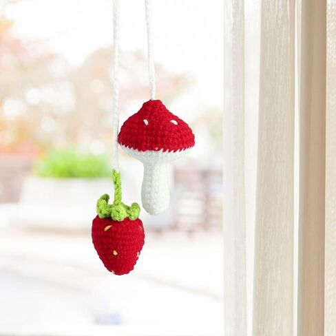 Mushroom Car Decor, Cute Crochet Car Rear View Mirror Accessories, Hanging Ornament Crochet Accessories Gifts for Her (Mushroom Strawberry) in Saudi Arabia