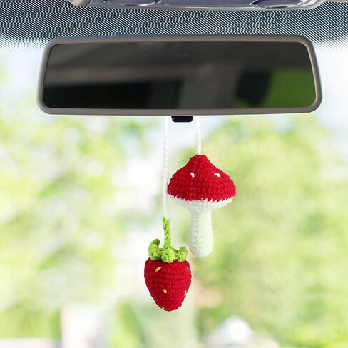 Mushroom Car Decor, Cute Crochet Car Rear View Mirror Accessories, Hanging Ornament Crochet Accessories Gifts for Her (Mushroom Strawberry) in Saudi Arabia
