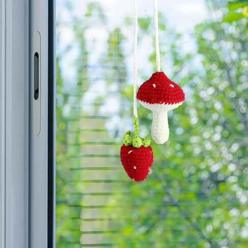 Mushroom Car Decor, Cute Crochet Car Rear View Mirror Accessories, Hanging Ornament Crochet Accessories Gifts for Her (Mushroom Strawberry) in Saudi Arabia
