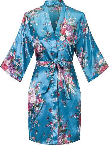 Women's Floral Kimono Robes Short Satin Bathrobe Silky Sleepwear Dressing Gown for Wedding Getting Ready in Saudi Arabia