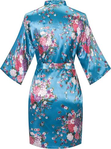 Women's Floral Kimono Robes Short Satin Bathrobe Silky Sleepwear Dressing Gown for Wedding Getting Ready in Saudi Arabia