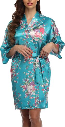 Women's Floral Kimono Robes Short Satin Bathrobe Silky Sleepwear Dressing Gown for Wedding Getting Ready in Saudi Arabia