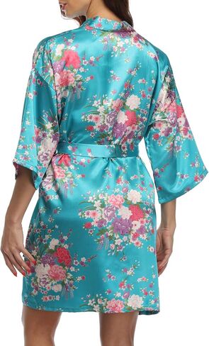 Women's Floral Kimono Robes Short Satin Bathrobe Silky Sleepwear Dressing Gown for Wedding Getting Ready in Saudi Arabia