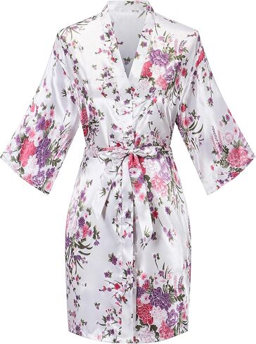 Women's Floral Kimono Robes Short Satin Bathrobe Silky Sleepwear Dressing Gown for Wedding Getting Ready in Saudi Arabia