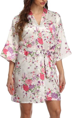 Women's Floral Kimono Robes Short Satin Bathrobe Silky Sleepwear Dressing Gown for Wedding Getting Ready in Saudi Arabia