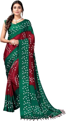 ساري نسائي حريري مطبوع بشرابة وبانداني مع قطعة بلوزة غير مخيطة in Kuwait