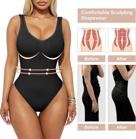 OMAKGI Women Seamless Tummy Control Shapewear Sculpting Thong Bodysuits Sleeveless Body Shaper in Saudi Arabia