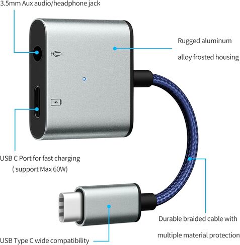 Coolden USB C to 3.5mm Headphone and Charger Adapter, 2-in-1 Type C to AUX Adapter, USB C Dongle Headphone Jack for iPhone 15/Samsung S23 Ultra/S22 Ultra/Pixel 5/iPad Pro/MacBook in Kuwait
