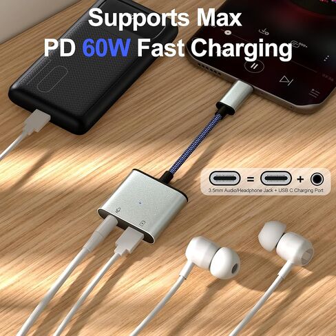 Coolden USB C to 3.5mm Headphone and Charger Adapter, 2-in-1 Type C to AUX Adapter, USB C Dongle Headphone Jack for iPhone 15/Samsung S23 Ultra/S22 Ultra/Pixel 5/iPad Pro/MacBook in Kuwait