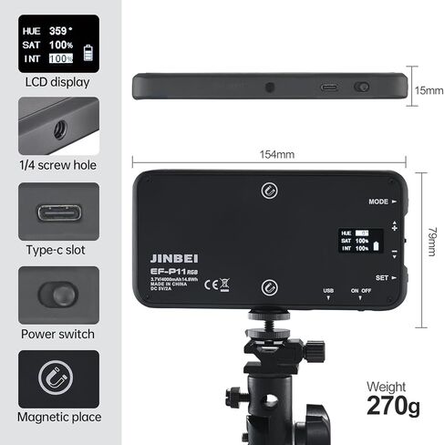 JINBEI EFP-11 Magnetic RGB Video Light Ra>96 TLCI≥98 2700~10000K Smartphone Control 360° Full Color On Camera LED Cold Shoe 4000mAh Rechargeable DSLR Lighting for Vlogging, Video Conference in Kuwait