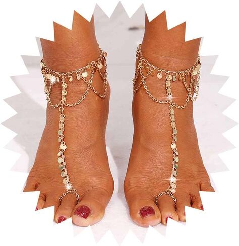 Yalice 2 Pcs Gold Sequins Foot Chain Pearl Beaded Barefoot Sandals Boho Tassel Anklet Toe Ring Beach Foot Jewelry for Women and Girls in Saudi Arabia