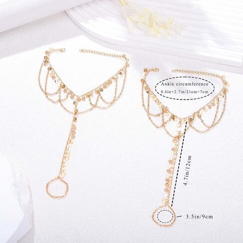 Yalice 2 Pcs Gold Sequins Foot Chain Pearl Beaded Barefoot Sandals Boho Tassel Anklet Toe Ring Beach Foot Jewelry for Women and Girls in Saudi Arabia