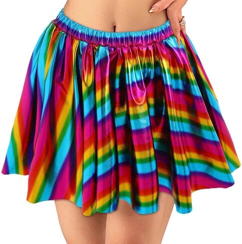 EVILD Rainbow Dance Ruched Skirt Metallic Pleated Elastic Mini Skirt Pride Party Rave Costume Skirt for Women in Kuwait