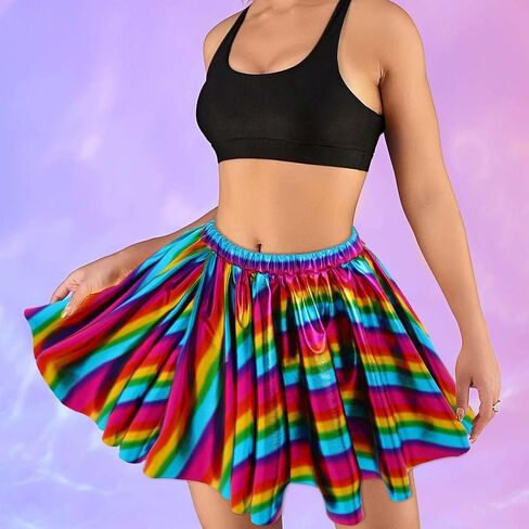 EVILD Rainbow Dance Ruched Skirt Metallic Pleated Elastic Mini Skirt Pride Party Rave Costume Skirt for Women in Kuwait