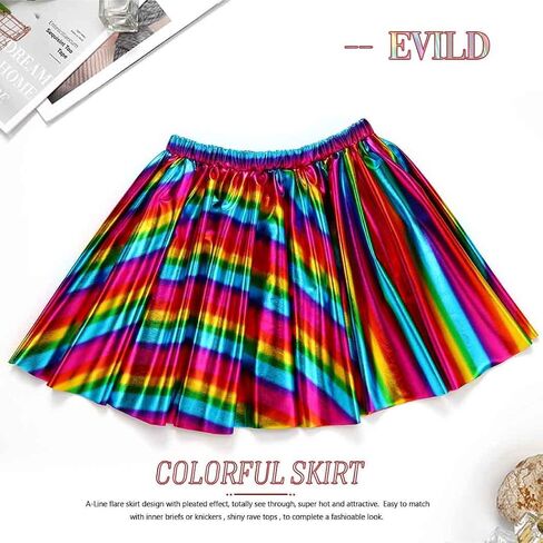EVILD Rainbow Dance Ruched Skirt Metallic Pleated Elastic Mini Skirt Pride Party Rave Costume Skirt for Women in Kuwait