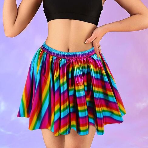 EVILD Rainbow Dance Ruched Skirt Metallic Pleated Elastic Mini Skirt Pride Party Rave Costume Skirt for Women in Kuwait
