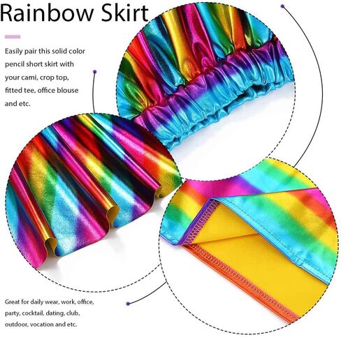 EVILD Rainbow Dance Ruched Skirt Metallic Pleated Elastic Mini Skirt Pride Party Rave Costume Skirt for Women in Kuwait