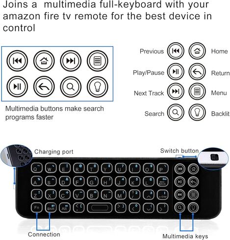 iPazzPort Mini Bluetooth Wireless Companion Keyboard Remote Controller لأجهزة التلفاز الذكية، ومشغلات البث، وFlip & Grasp Fire TV 30BR بإضاءة خلفية in Kuwait