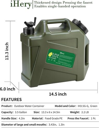 Thickened BPA Free 3.5 Gallon Water Jug, Outdoor Camping Green Water Container Storage, Press Faucet Design Portable Water Tank, Emergency Overlanding Gear Essential For Camper in Kuwait