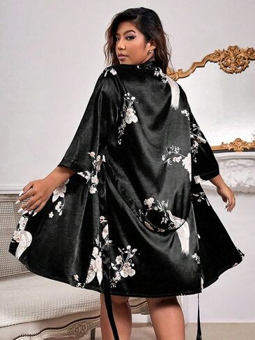 WDIRARA Women's Plus Size Kimono Floral Print Belted Breathable Satin Bride Robe in Saudi Arabia