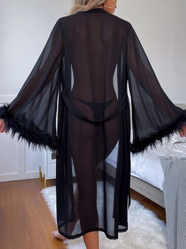 OYOANGLE Women's Fuzzy Trim Long Sleeve Belted Sheer Mesh Pajama Sleepwear Robe in Saudi Arabia