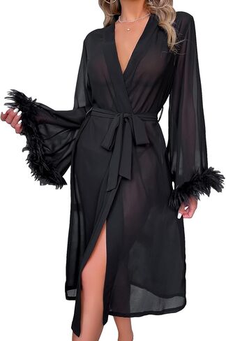 OYOANGLE Women's Fuzzy Trim Long Sleeve Belted Sheer Mesh Pajama Sleepwear Robe in Saudi Arabia