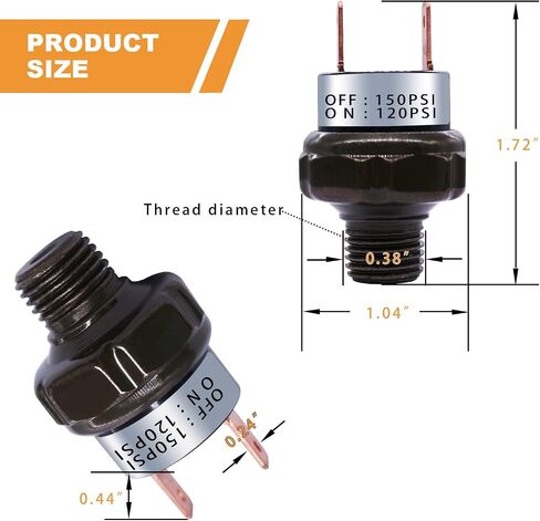 مفتاح ضغط الهواء 120-150 PSI الموضوع 1/8 "NPT 24V 12V DC مفتاح ضغط ضاغط الهواء لقطار الهواء القرن 120-150-1/8"NPT-BK in Saudi Arabia
