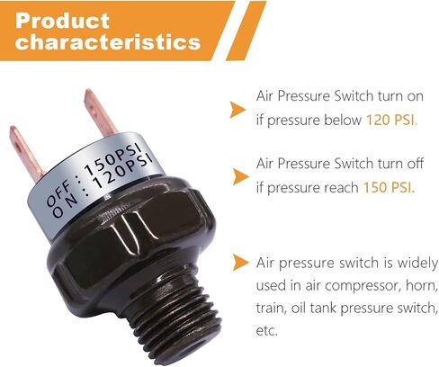 مفتاح ضغط الهواء 120-150 PSI الموضوع 1/8 "NPT 24V 12V DC مفتاح ضغط ضاغط الهواء لقطار الهواء القرن 120-150-1/8"NPT-BK in Saudi Arabia