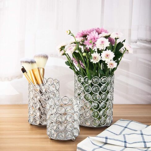 Feyarl كريستال فرشاة للمكياج حامل مشط حامل منظم شمعة حامل شمعة نذرية فانوس طاولة تسريحة الزفاف المنزل ديكو (فضي) in Kuwait