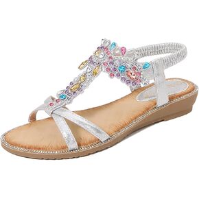 Comfortable Women's Sandals Summer Bohemian Style Rhinestone Beach Sandals Elastic Strap Flat Sandals