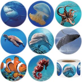 600Pcs Round Sea Animals Stickers Roll 1.5 Inch Ocean Life Label Stickers for Kids Party Favors Teacher Reward Encouragement Motivational Stickers