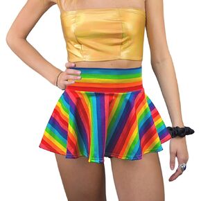 10" Mini Skater Skirt in Rainbow Stripe Pride Spandex - Made in USA Rave Skirt